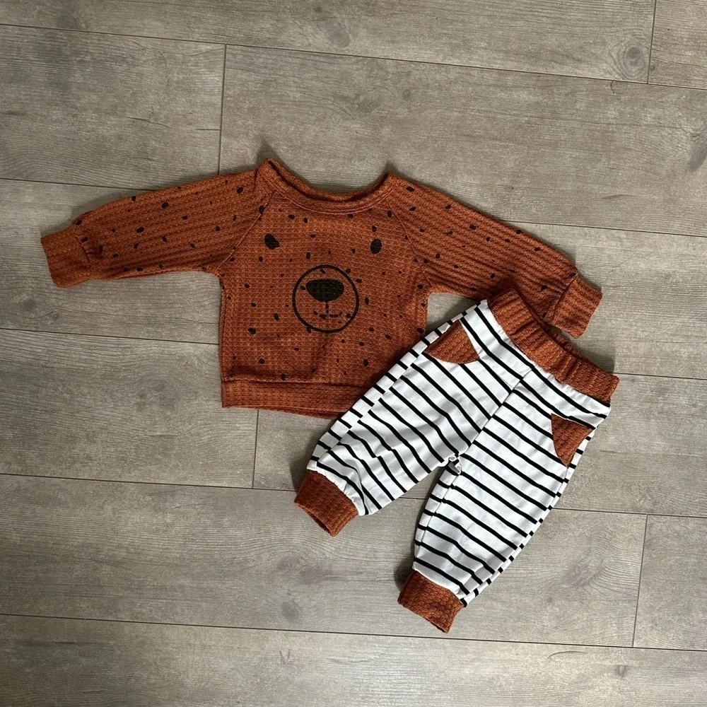 Boutique Baby Boy Thermal Bear Long Sleeve & Matching Striped Jogger Pants 3-6M